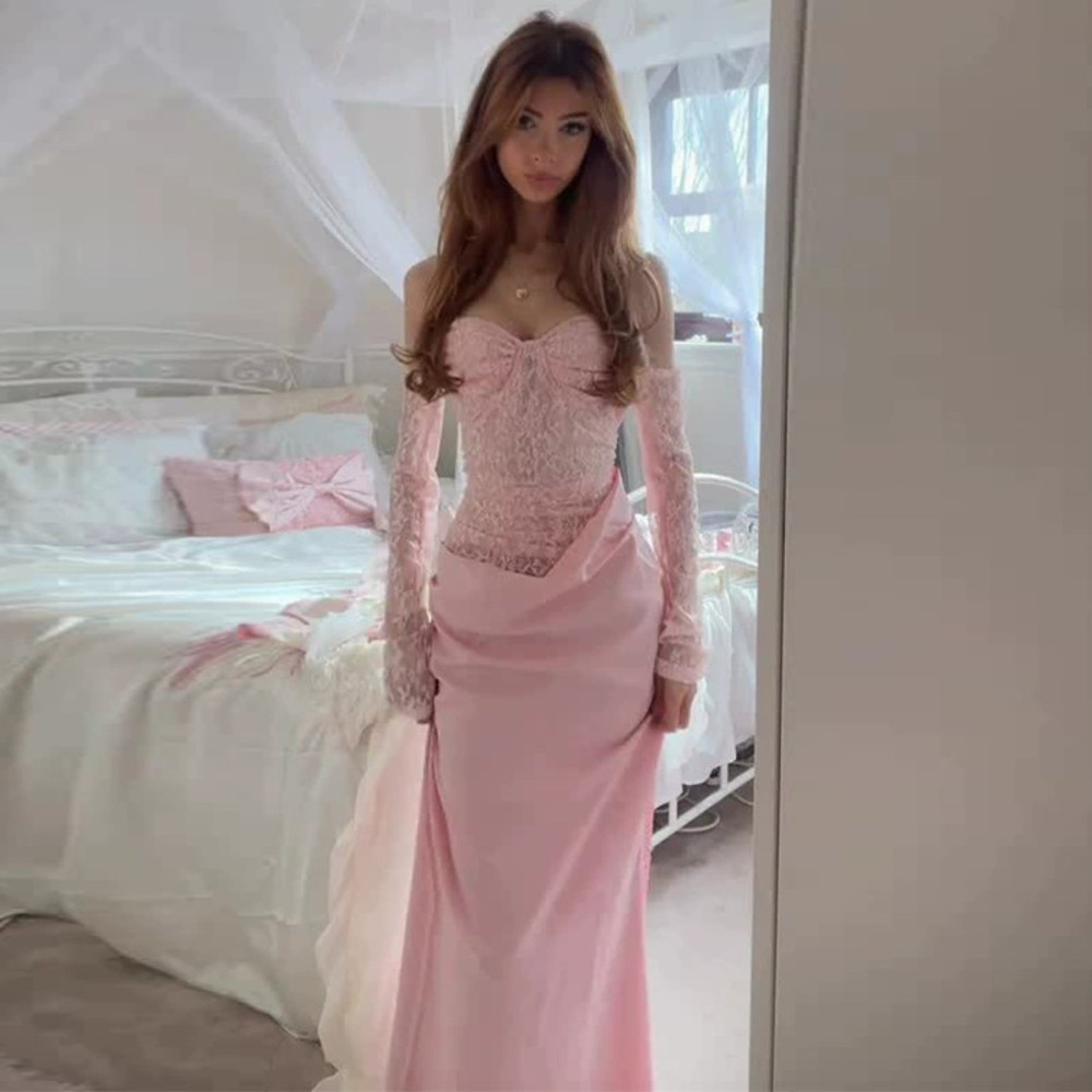 Forever 21 Elegant Pink Lace Pleated Bodycon Long-Sleeve Dress